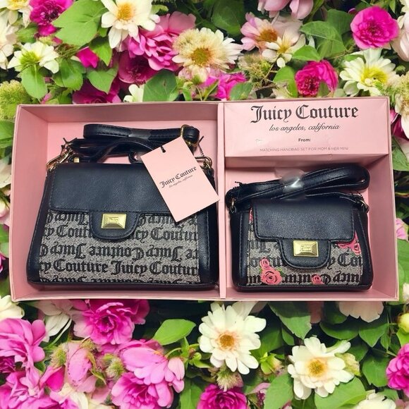 Juicy Couture Handbags - Juicy Couture Black Beige Logo Rose Print Mommy & Me Mini Crossbody Bags NWT